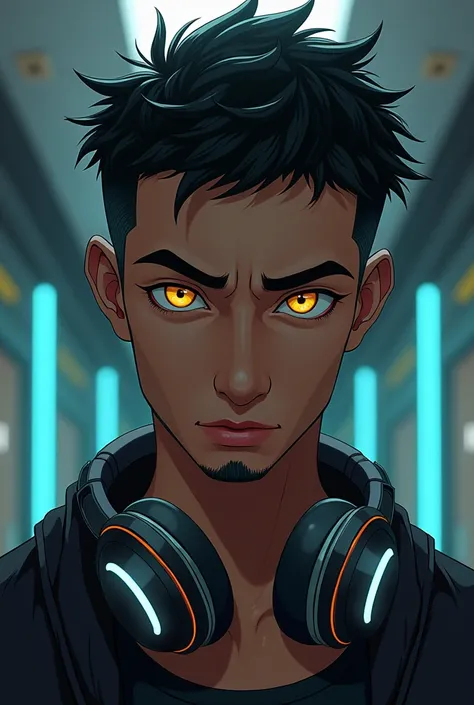  Man with a dark brown complexion with facial hair on his chin and mustache, thick lips with rabbit teeth , Slim and very young  ,yellow eyes short hair degraded with headphones and serious but serene expression in futuristic manga style high definition 