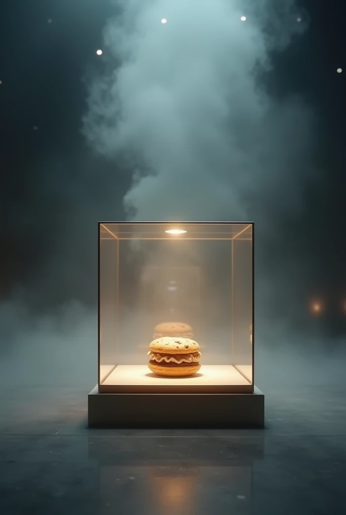 Make me a large display case with a small cookie inside and that is illuminated outside with lights on the ceiling and fog on the floor