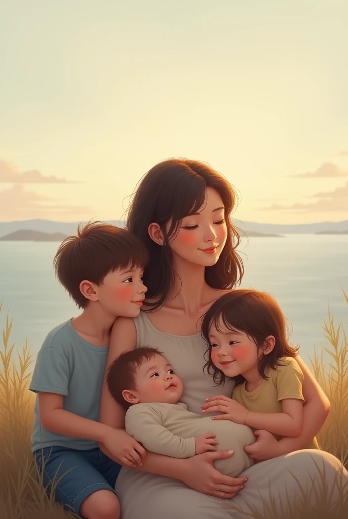 Mom with her 2 ren and a baby sitting looking at the horizon