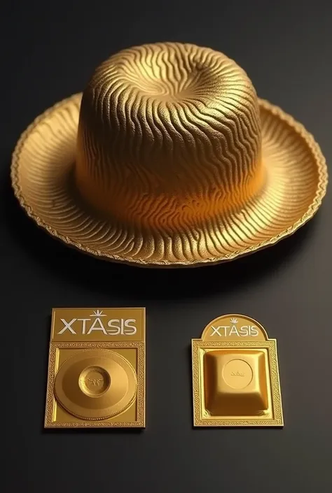 Create me the packaging of the Xtasis .  the primary packaging is the one that wraps the condom ,  make it in the shape of a hat and the secondary one is the box , In the image that they are shown separately to differentiate the primary packaging from the ...