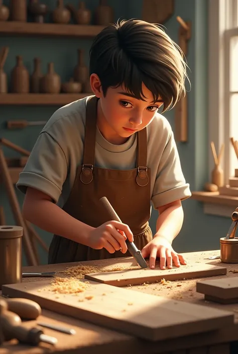 CREATE AN IMAGE OF A YOUNG PERSON WORKING WITH WOOD