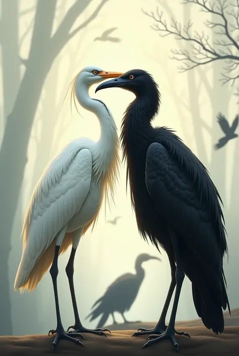 Create a 2D poster of a white heron , beautiful and charming ,  in love with a black-feathered vulture.  In the very distant background there are other vultures watching 