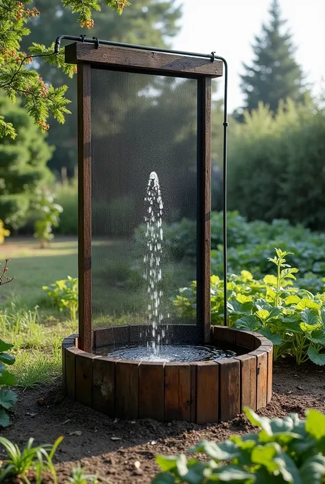  a large black mesh by Rachel standing vertically(Very rustic  ,  below this structure is the pool that collects water fog that drips ,  from this rustic water collection pool 3 hoses come out to the vegetable garden to irrigate in the form of a drip