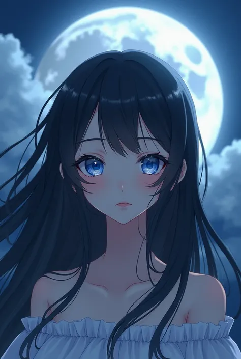  Girl with long black hair with light blue, Ahori negro ,  heavenly eyes ,  in the background the moon anime style 