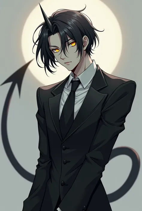  anime is a demon, he has to wear a suit ,  has white skin and he bends backwards, gives a sense of grace, and he looks like a human, only he has a horn and is a demon, and he has hair. Black and elegant, , his hair is short and his eyes are bright gold, h...