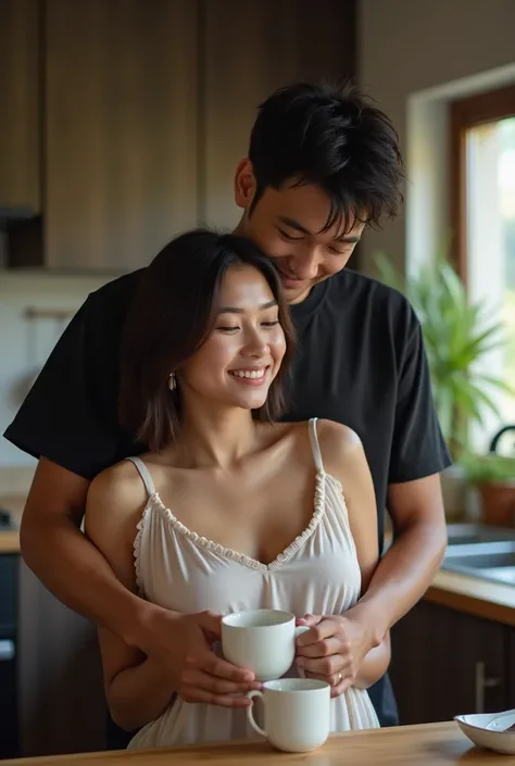  A beautiful faced Insonesian fat young woman wearing a tang top nightgown .making coffee in the kitchen . and being hugged from behind by a slightly gondrong-haired indonesian man wearing a black t-shirt.realistic.detail. Natural ultra HD high-resolution ...