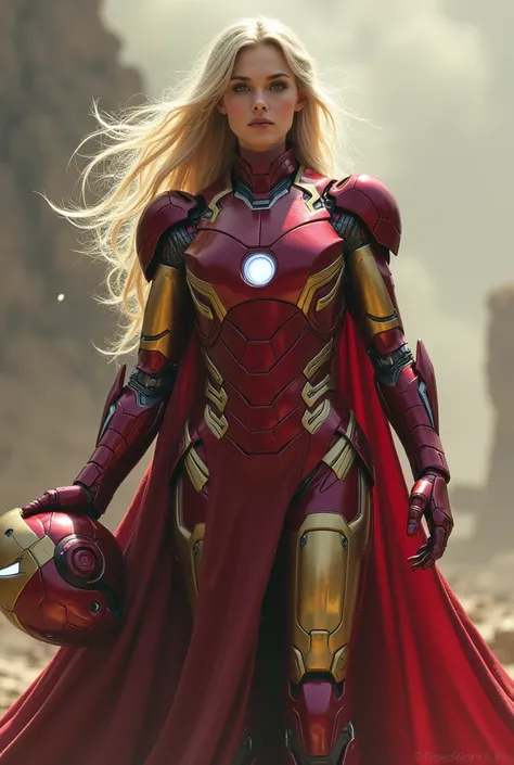 Galadriel with Iron Mans armor holding Saurons head