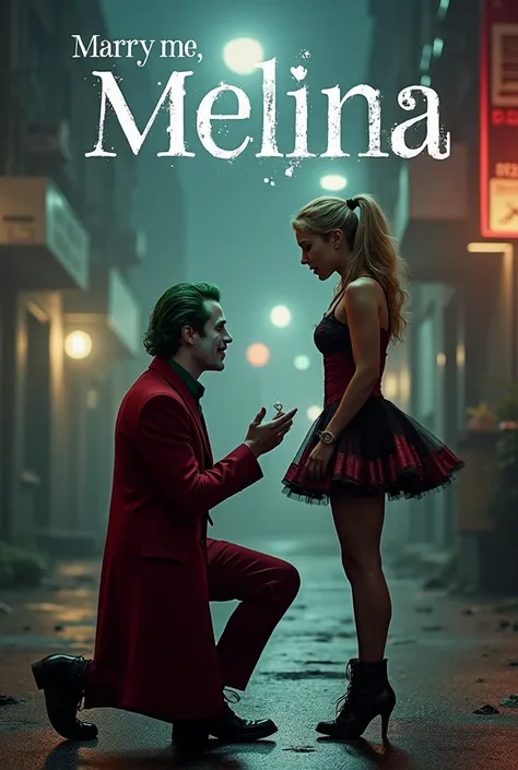  Create an image of Fernando asking Melina for Melinas hand in Harley Quinn and Joker style 
Joker man and girl Harley Quinn. With a phrase saying marry me Melina . Let me say marry me Melina 