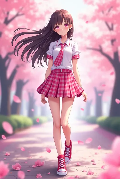 A pink plaid miniskirt and short sleeves worn by a high school girl with a pink plaid tie and long brown hair,  red high sneakers , And a cherry blossom outing animation