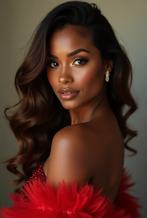 This Black woman exudes confidence and style. Her layered hair is voluminous and long, cascading down her back in rich, warm tones with subtle highlights. Her radiant skin and captivating features are accentuated by bold makeup, adding to her striking appe...