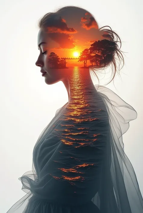 high quality, 8K Ultra HD, A beautiful double exposure that combines an goddess silhouette with sunset coast, sunset coast should serve as the underlying backdrop, with its details incorporated into the goddess , crisp lines, The background is monochrome, ...