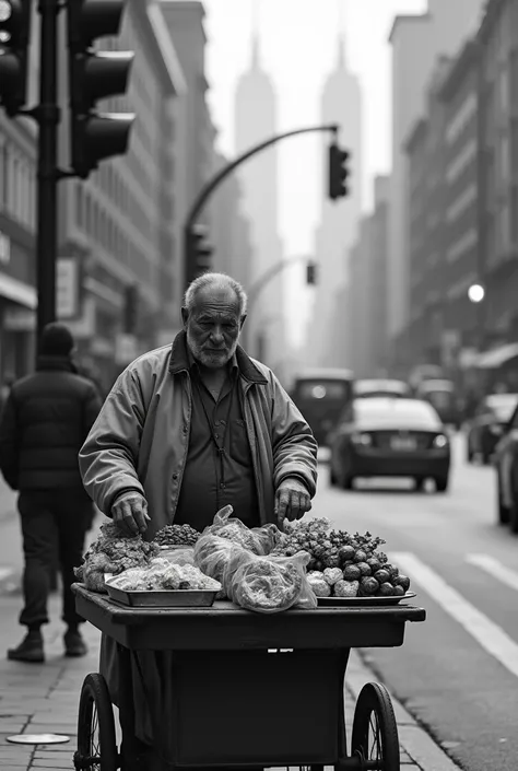 create a realistic black and white photo of a  selling candy at the traffic light