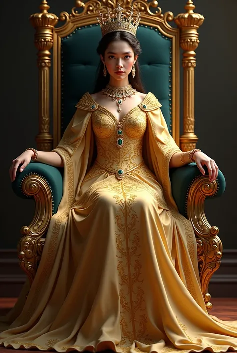 A queen wears a royal dress embroidered with gold and jewelry and a great and beautiful crown and sits on a great throne 