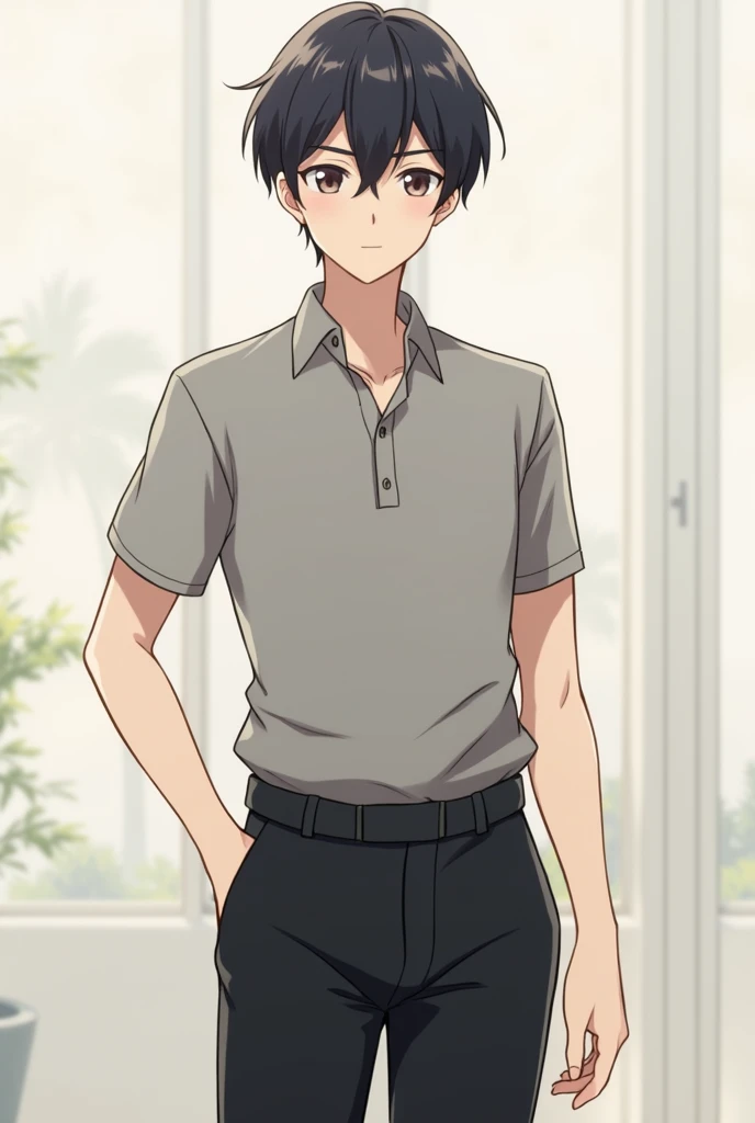 anime character that wears gray polo button shirt and black pants