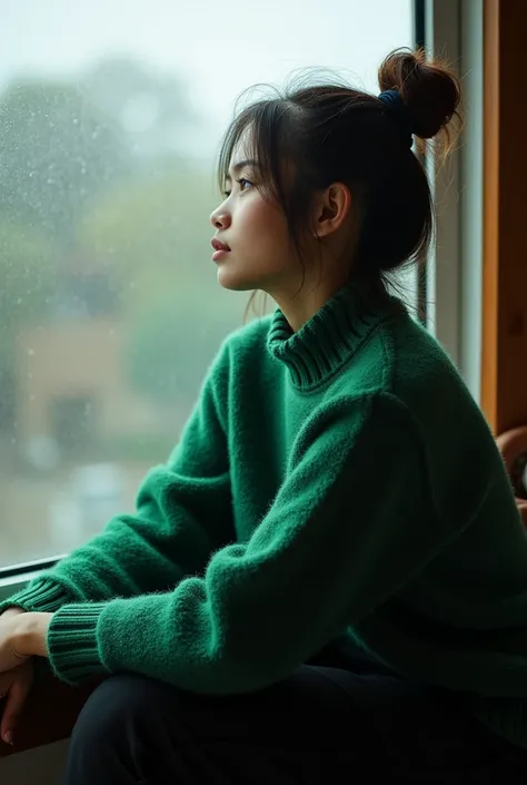 a 30-year-old Indonesian woman, stocky, hair messy, sitting by the window on a rainy morning, her emerald green sweater shining against the pale gray of the water-soaked glass. The scene is warm and introspective.