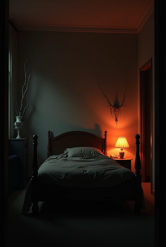 A dark and eerie dimly lit orange bedroom in a nightmare, dream-like, highest definition, highest detail, highest quality