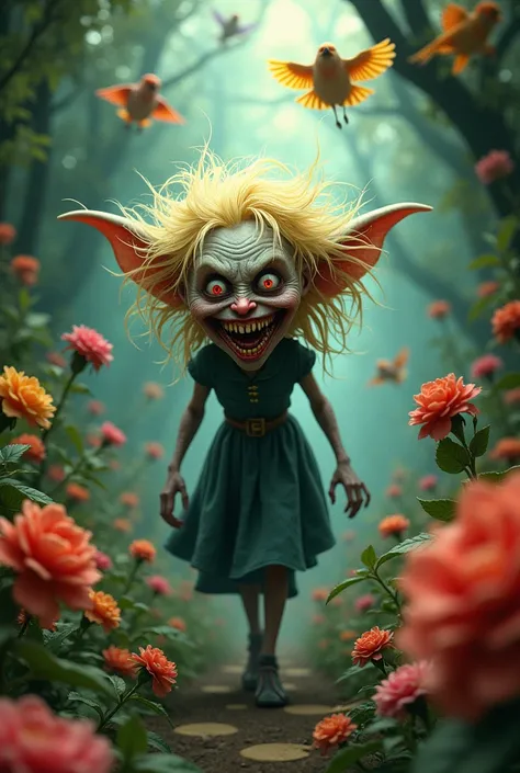 An terribly ugly witch with razorsharp teeth and demon eyes walking through the maze of The Shining. There are lots of flowers and birds and its very slapstick
Make her blonde