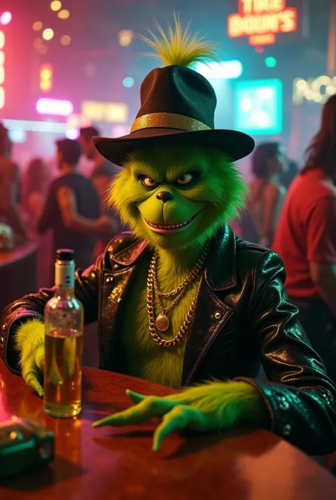 Reggaeton Grinch character drinking tequila shots at a nightclub table 