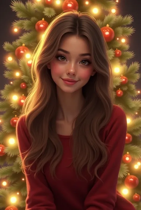  girl　 long hair　Smile　 Christmas　tree in the background　 cute　beautiful