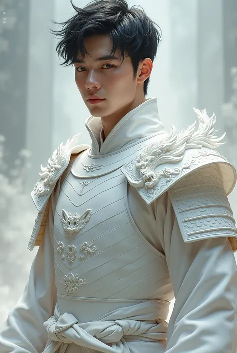 Cute male guy wearing white samurai armor with a white dragon