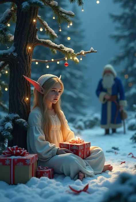 A beautiful elf sits under a Christmas tree in the forest at night and holds a gift box. There are gift boxes under the tree .  In the background, Santa Claus is walking in the distance with a long beard and a long blue fur coat with a snowflake pattern, w...