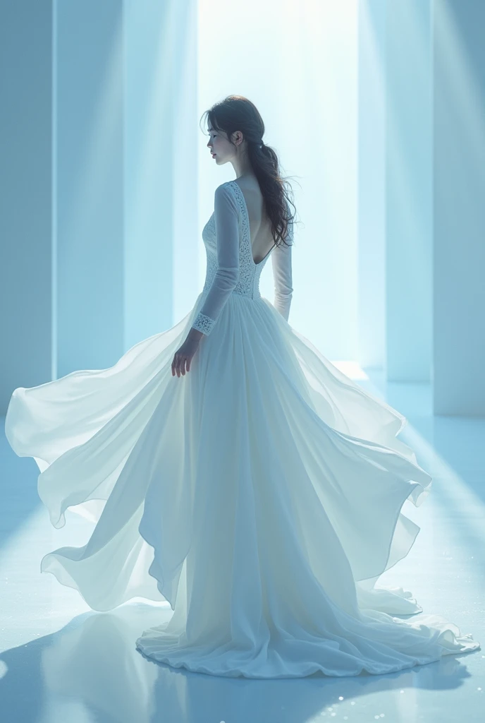 Long-sleeved white fluffy dress flowing into blue