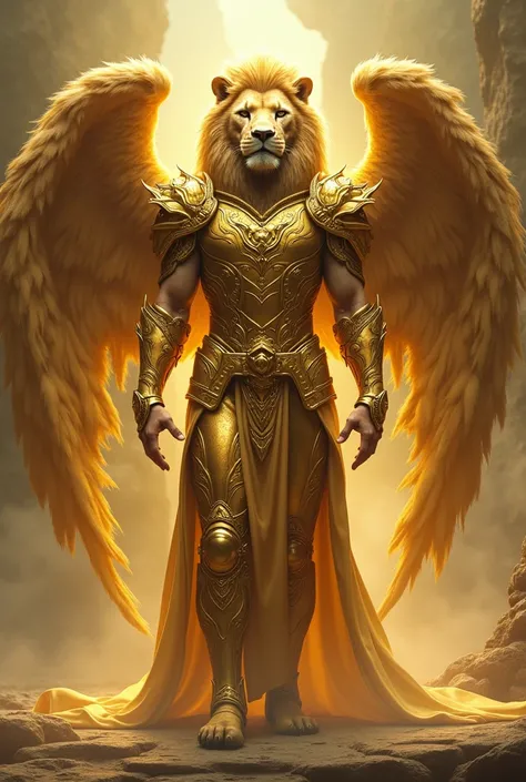 The fusion of a human with golden armor and a lion with closed wings 