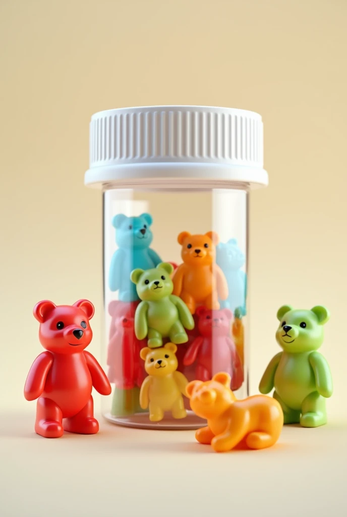 Transparent medicine container filled with bear gummies of different colors and with rubber bears saying hello outside the container 