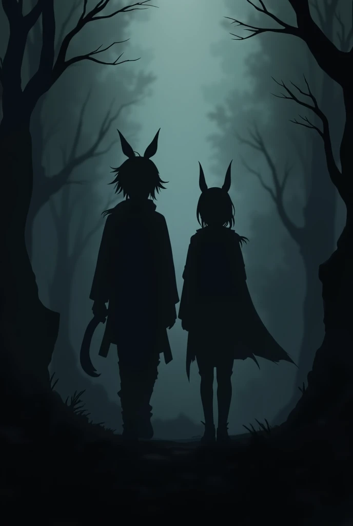 Silhouette of two ren coming out of a dark place