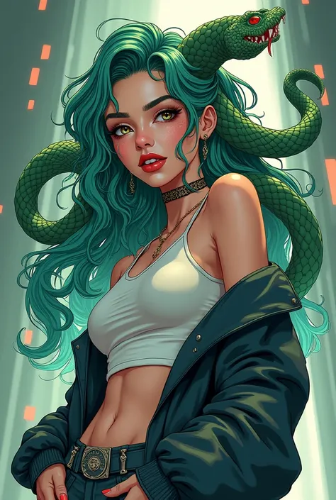  Medusa the Gorgon style wearing clothes from the current era, Wear a  "aesthetic" In the photo,   anime style