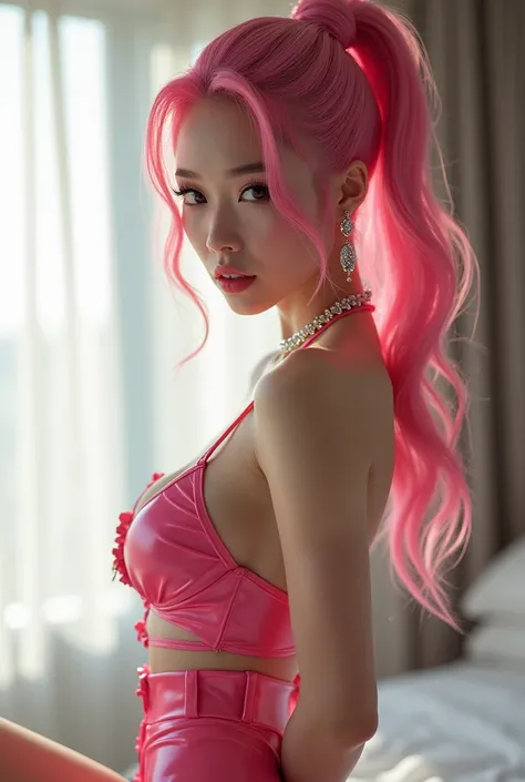 A beautiful young Japanese woman with pink hair wearing an erotic latex costume, with a high definition ponytail, flashy earrings, necklace, and bracelets, (best quality,4k,8k,highres,masterpiece:1.2),ultra-detailed,(realistic,photorealistic,photo-realisti...