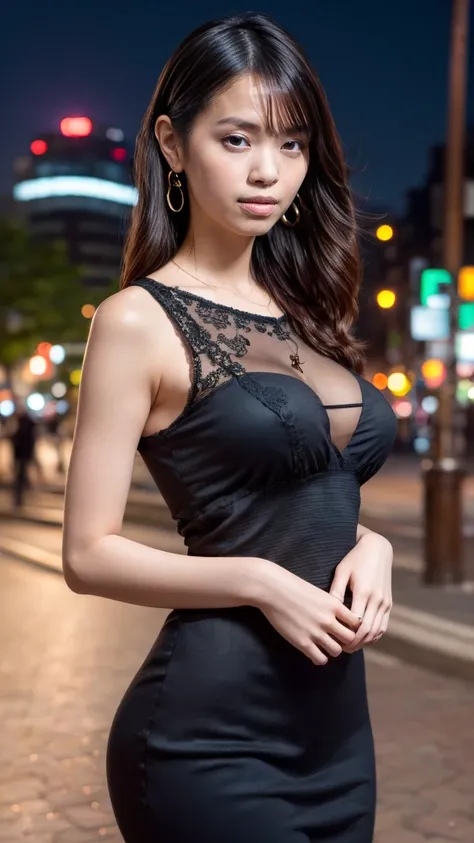 a beautiful young Japanese woman, 24 years old, with healthy thighs, beautiful legs, flawless skin, random hair color and hairstyle, large breasts, a hostess wearing a hostess dress, high heels, (she is standing:1.2), full body shot, holding a purse in one...