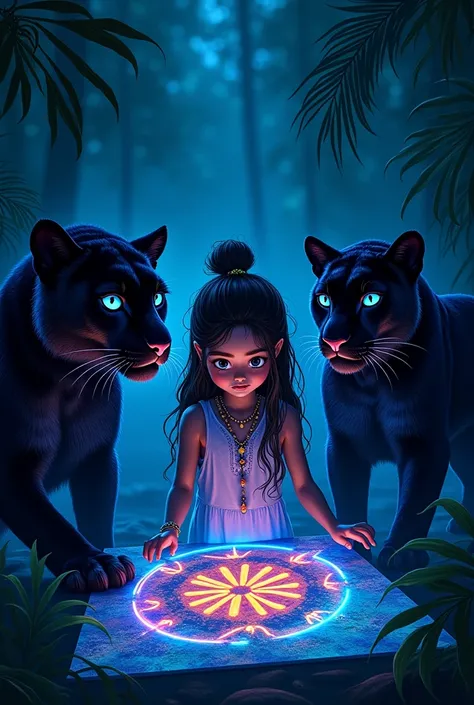  An indigenous girl from the Amazons in the middle of the jungle at night who only lights up her neon paintings next to two black panthers with blue aura and bright eyes of the same color