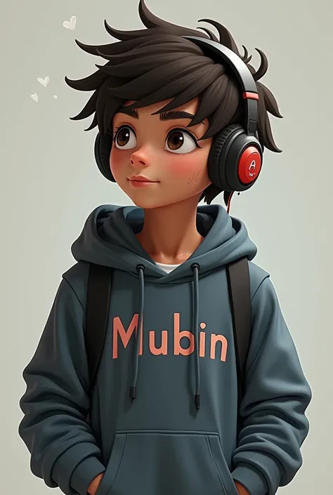 A young boy wearing a hoodies with head phones on his neck
On the hoodie write mubin.
Give the boy little beards 
