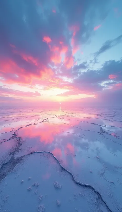 A breathtaking landscape resembling the Uyuni Salt Flats, with a vast, mirror-like surface perfectly reflecting the vibrant, colorful sky. The scene showcases a crystal-clear and serene atmosphere, bathed in dazzling, radiant light. The horizon stretches e...