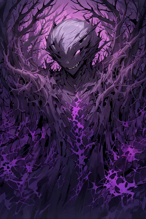  A male silhouette of a semi-human,  exposed bones , without eyes, roots , warrior look ,  short hair, purple color, thorns and fangs ,  looking straight ahead ,  covered with a purple liquid ,  against a wilted forest background at night 