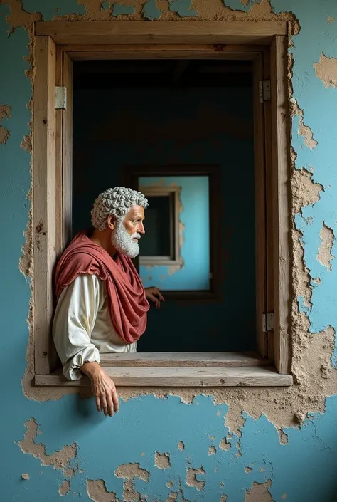  ultra-realistic image of Marcus Aurelius looking through an old window, with wooden frame ,  blue walls peeling off the plaster and paint peeling ,  you can see in the background another window falling from the hinge .