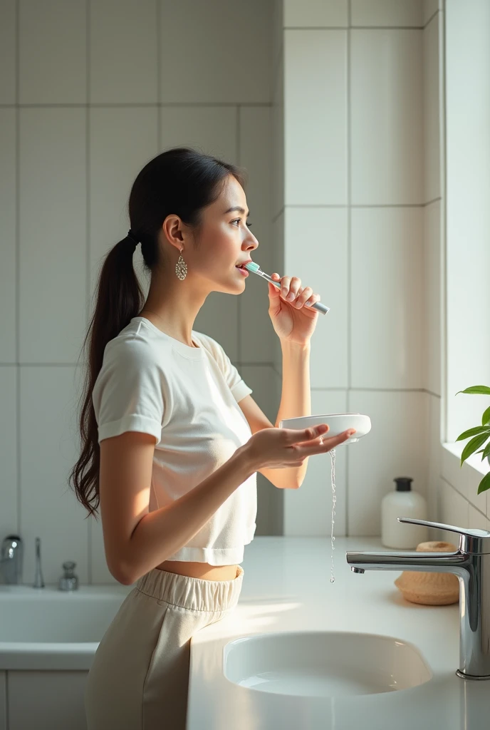 A woman is in her bathroom brushing her teeth and to avoid wasting too much water with her free hand, she closes the faucet 