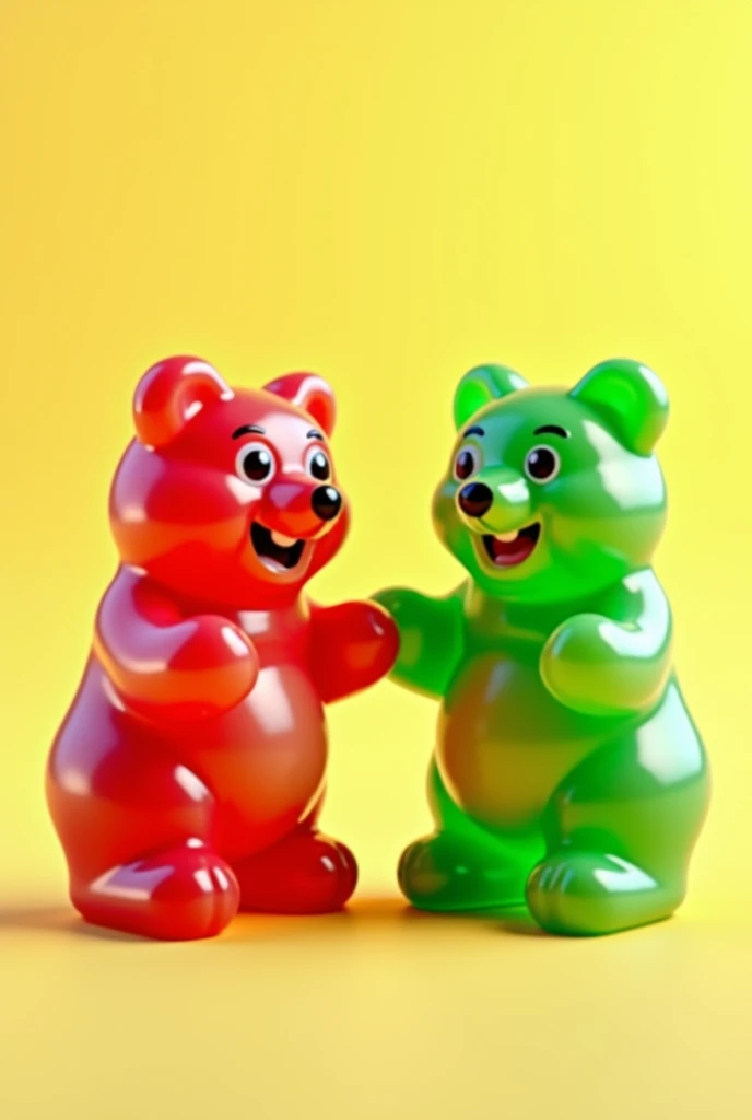 Two edible red and green bear gummies saying hello with light yellow background
