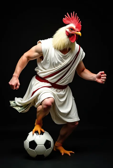  furious hen in Roman-style clothes ( clothing that is white ,  with a red line running diagonally from right to left shoulder), With a lot of dollars , Stepping on soccer ball , With black background
