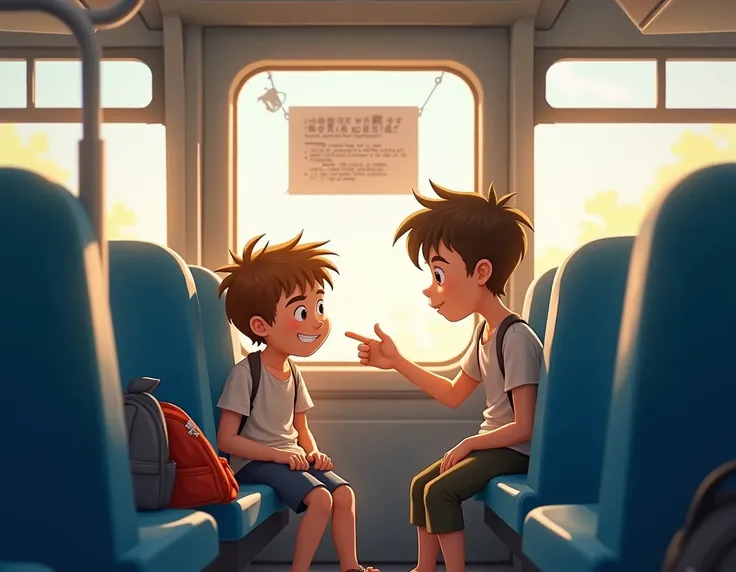  The inside of the bus with clearly visible blue seats .
 Soft sunlight coming through the windows .
 Details such as backpacks or personal items in the environment to give authenticity.
 Characters and Interaction :

boy:

sitting,  leaning slightly to th...