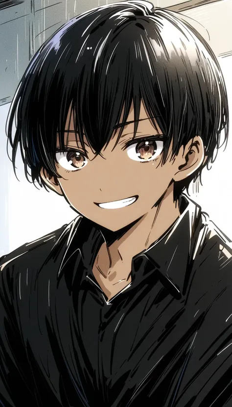 classroom (slightly vivid:0.4), (1 high school boy (very short cut hair, jet black  hair, brown eyes, slightly darker skin), black uniform, (expression : optimistic smile, eyes to the viewer), tall, manga style