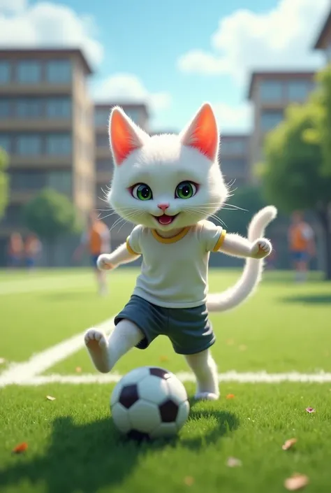 Create a white humanoid cat wearing a t-shirt and shorts on the soccer field (at school)