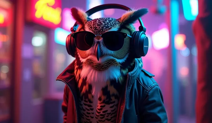 A highly detailed and intricate scene featuring a wise owl wearing large, stylish headphones, dark sunglasses, and a sleek, fashionable jacket. The owl is perched confidently, exuding a cool and modern vibe, surrounded by glowing neon lights and abstract p...