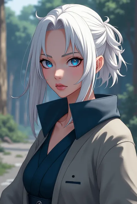 A female character from the Naruto anime.   A girl with white hair and features of the Senju and Otsutsuki clan. With an unusual eye design to the anime when a special jutsu is generated,  not so exaggerated 