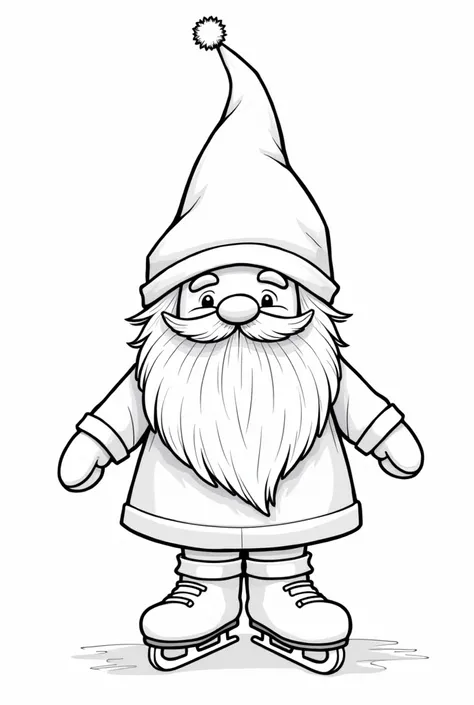 Generate the line that outlines the figure of a cute skating gnome.  This line is what delimits the figure and must be thick and black on a light background without spots or hatches, for printing in A4 format  , to color on a completely white background 