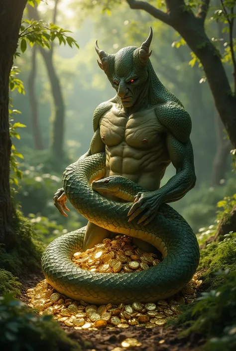 Half snake man from the hips down with a body of a man. Curling up some gold bars in the forest 