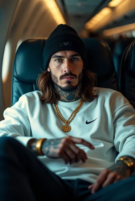 At night,  Young Man Mike Piek ,  Square face , marked jaw,  long brown hair ,  green eyes , barba, strong athletic body,  mens seductive look , tattooed, freckles,  black cap wearing large OVERSIZE white sweatshirt with beanie,  gold accessories , Nike , ...