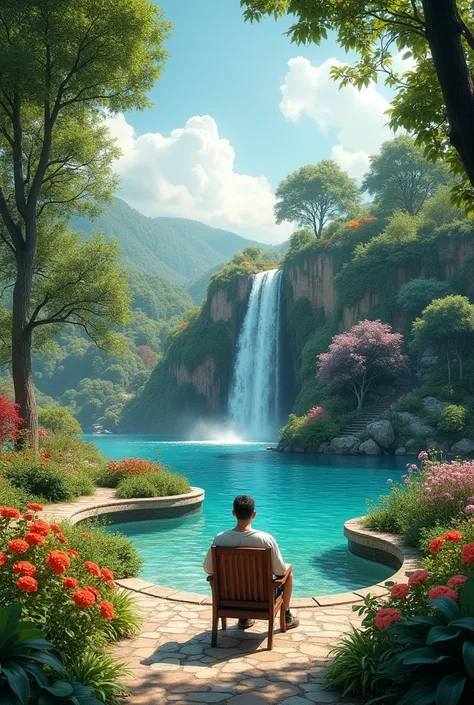  beautiful garden and a view of a lagoon with a waterfall.
One men sitting in one chair 