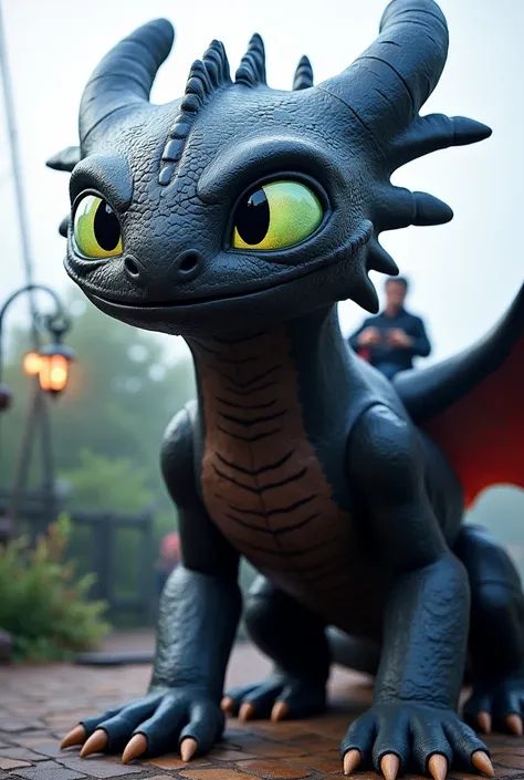 statue toothless standing on the ground where customers can sit on top of him in this theme park ride. put a LED screen on front.